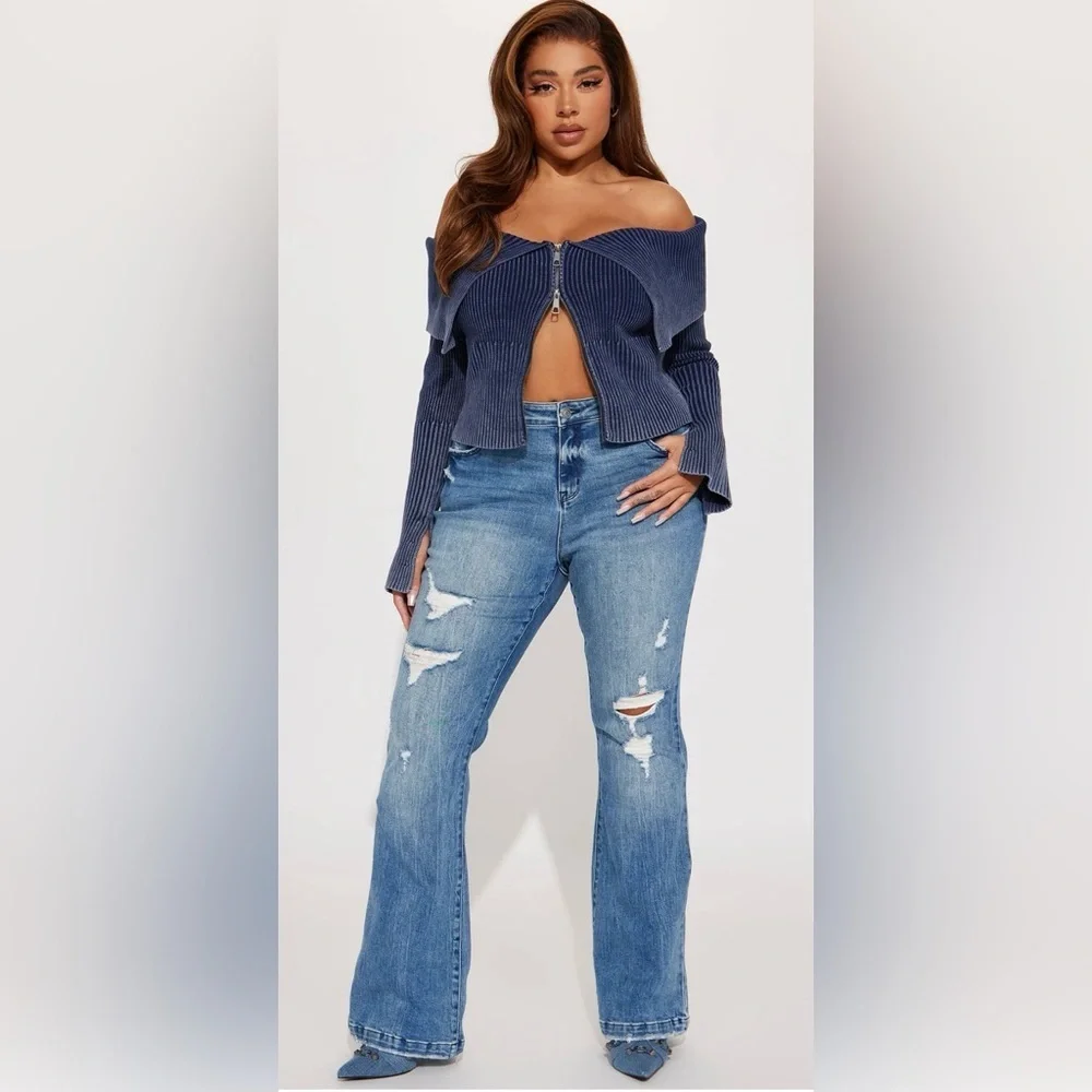 Fashion Nova Marley Ripped Compression Flare Jeans -Medium Wash